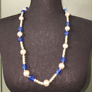 Vendome Vintage  Gold Tone Faux Pearl and Blue Acrylic Beads 26 Inch Necklace